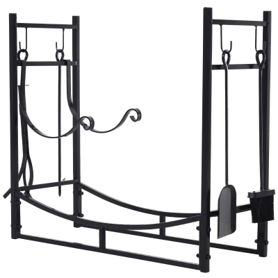 Outsunny Serviteur de cheminée - porte bûches - range bûches multi accessoires étagère bûche et petit bois acier noir
