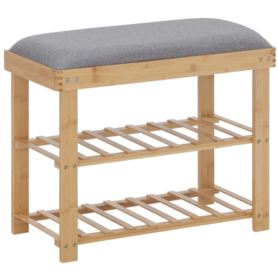 Banc à chaussures 2 étagères bambou coussin gris