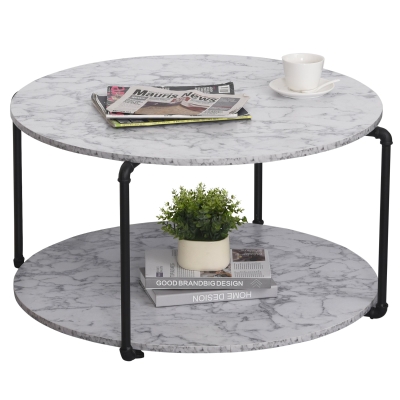 Table basse ronde avec étagère imitation marbre blanc métal noir