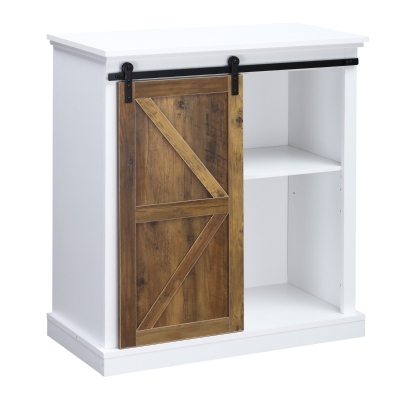 Buffet étagère porte à galandage métal noir aspect bois veinage et blanc