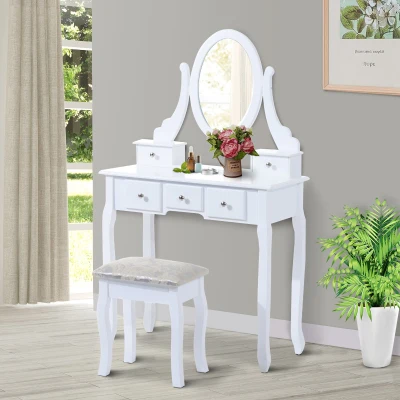 HOMCOM Coiffeuse+Tabouret Bois Blanc Style Baroque