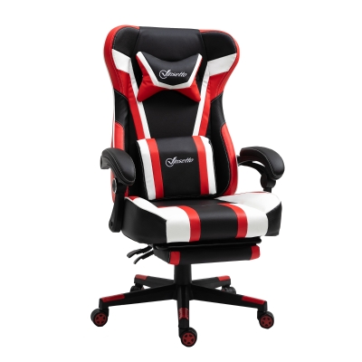 Fauteuil de bureau gaming inclinable repose-pied coussins PVC rouge blanc noir
