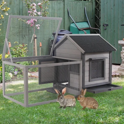 PawHut Clapier Lapin Bois Gris avec Rampe et Plateau Amovible