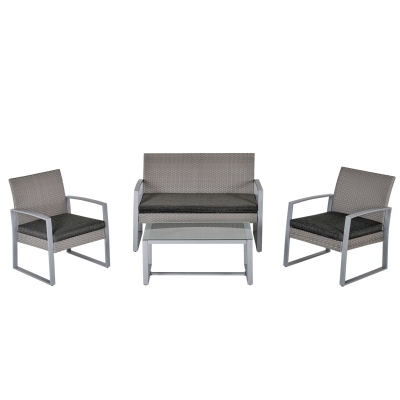 Salon de jardin style yachting 4 places table basse métal époxy résine coussins gris