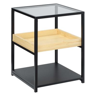 HOMCOM Mesa Auxiliar de 3 Niveles Mesita de Noche Estilo Moderno con Encimera de Cristal Estantes de Madera y de Acero para Dormitorio Salón 40x40x55 cm Negro