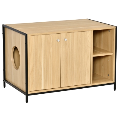 PawHut Maison de toilette pour chat 2 portes 2 niches acier noir aspect bois clair