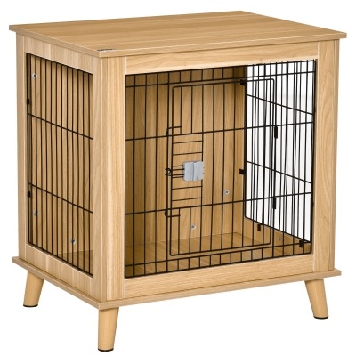 PawHut Cage pour chien sur pied style scandinave acier noir aspect bois clair
