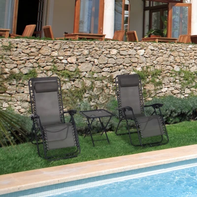 Outsunny 3pcs Sun Lounger Chairs with Table, Folding Zero Gravity Chairs, W/ Cup Holders, Grey