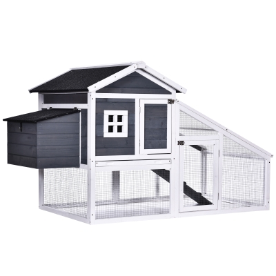 PawHut Wooden Chicken Coop Poultry House with Nesting Box Run Ramp Sliding Tray Grey 175.4L x 95.5W x 100H cm