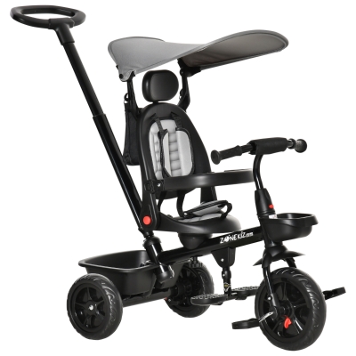HOMCOM Four-In-One Tricycle w/ Reversible Seat Adjustable Canopy Removable Handle -Grey