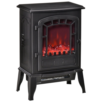 HOMCOM Freestanding Electric Fireplace Stove W/Realistic Flame Effect 1000W/2000W-Black