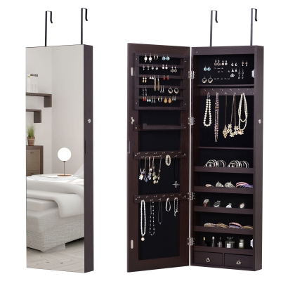 HOMCOM Mirrored Jewellery Storage Cabinet Door Mounted/Wall mounted Organiser Hanging Lockable w/ 6 Inner LED Lights Natural Color