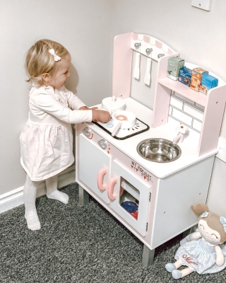 HOMCOM Kids Pretend Kitchen Playset w/ Cooking Toy Accessories - Pink