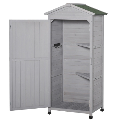 Outsunny Wooden Garden Cabinet 3-Tier Storage Shed Lockable Organizer w/ Hooks Foot Pad
