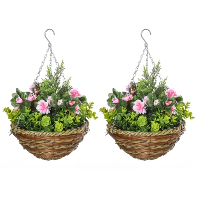 Outsunny 2 PCs Artificial Lisianthus Flower Hanging Planter Basket Indoor Outdoor Décor