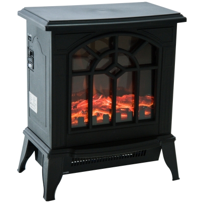 HOMCOM Flame Effect Freestanding Electric Fireplace Heater Black Stove w/ LED Flame Effect 900W/1800W-Black