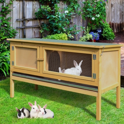 PawHut Rabbit Hutch, 115Lx44.3Wx65H cm, Fir Wood-Yellow/Green