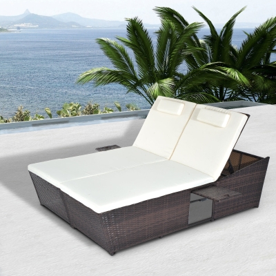Outsunny 2-Seater Adjustable Double Rattan Sofa W/Tray-Brown/Cream White