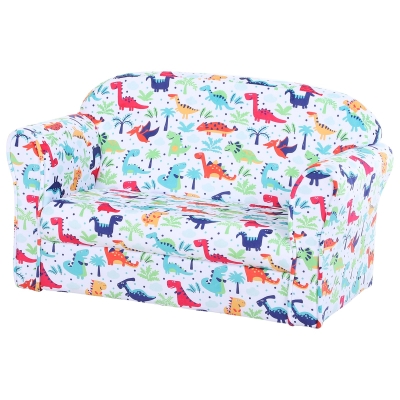 HOMCOM Kids Cartoon Dinosaur Wooden Frame 2-Seater Sofa Blue