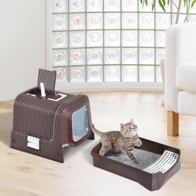 PawHut Cats PP Pull-Out Litter Box Dome with Scoop Coffee
