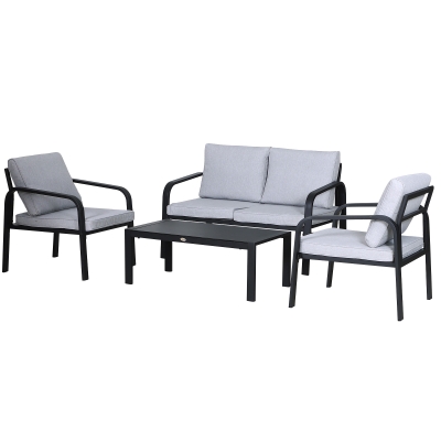 Outsunny 4 Pcs Aluminium Garden Dining Set w/ Chairs Sofa Glass Top Table Cushions Black