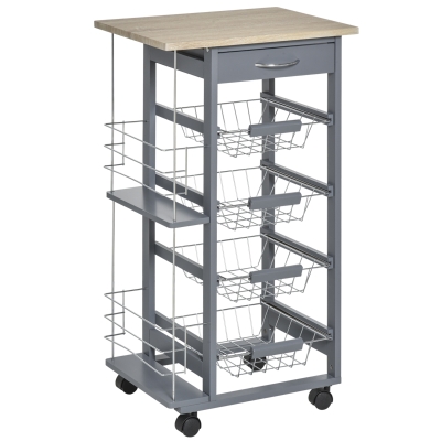 HOMCOM Multi-Use Kitchen Island Trolley w/ 4 Baskets 2 Side Racks Drawer Worktop Dark Grey