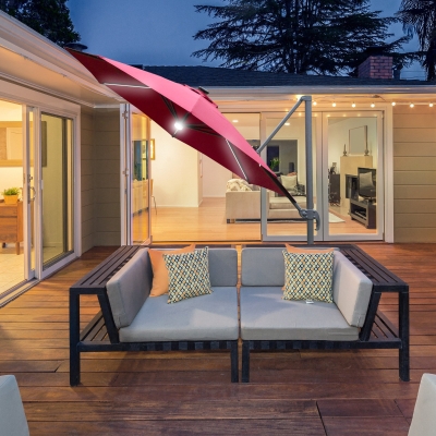 Outsunny 3(m) LED Cantilever Parasol Outdoor Sun Umbrella w/ Base Solar Lights Red