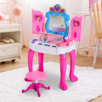 HOMCOM Kids Piano Dressing Table W/Stool Set-Pink/Blue