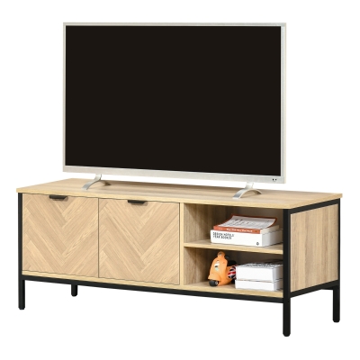 HOMCOM Natural Double Door TV Cabinet Stand with Adjustable Storage Shelves Home Unit