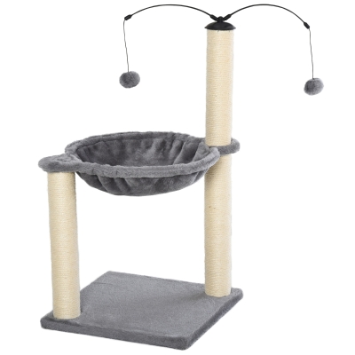 PawHut Cats Sisal Rope Scratching Tree Bed w/ Dangle Toy Grey