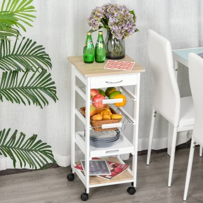 HOMCOM Mobile Rolling Kitchen Island Trolley for Home w/ Metal Baskets Trays Shelves Wheels Compact Stylish Storage White