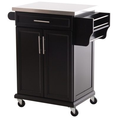 HOMCOM Wooden Kitchen Cart MDF Stainless Steel Top Kitchen Island-Black