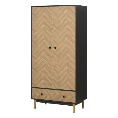 HOMCOM Modern Wardrobe Cabinet Particle Board Double Door Wardrobe, Hanging Rod and 2 Drawers, 90x50x190cm-Grey/Oak