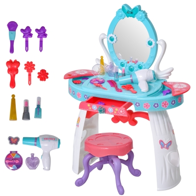 HOMCOM Kids Pretend Play Dressing Set w/ Table Stool Accessories Lights Music Storage