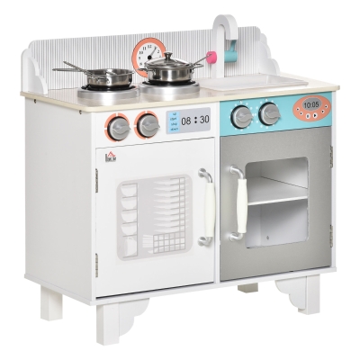 HOMCOM Kids Kitchen Play Cooking Toy Set w/ Sink Cooking Bench for 3-6 Years Old White