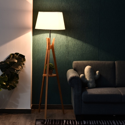 HOMCOM Bamboo Freestanding Tripod Floor Lamp w/ Shelf White