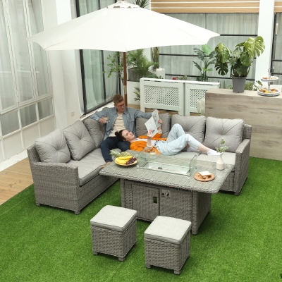Outsunny 8-Seater Outdoor PE Rattan L-Shape Sofa Footstool Fire Pit Table Conversation Set