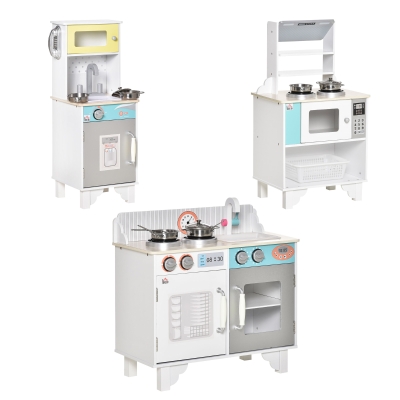 HOMCOM Three Kids Wooden Toy Kitchen Pretend Playsets w/ Sink Telephone, for 3-6 Years