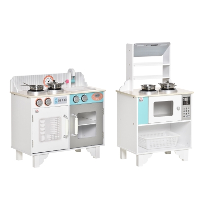 HOMCOM Two Kids Wooden Toy Kitchen Pretend Playset, with Pots, Sink, for 3-6 Years