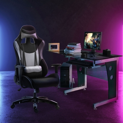 Vinsetto Gaming Chair Reclining Rocker Office Seat w/Headrest Lumbar Pillow in Grey