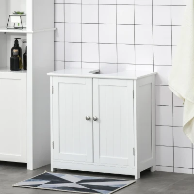 kleankin 60x60cm Under-Sink Storage Cabinet w/ Adjustable Shelf Handles Drain Hole Bathroom Cabinet Space Saver Organizer White