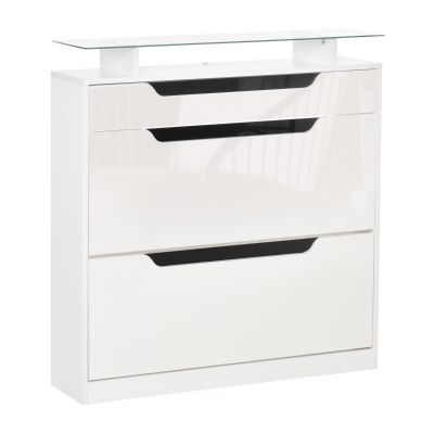HOMCOM Shoe Cabinet with 3 Drawers Storage Cupboard w/ Flip Door Glass Top Gloss White