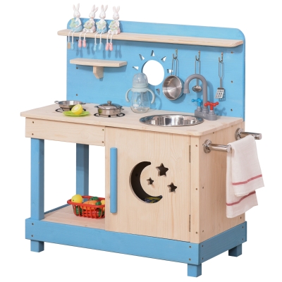 Outsunny Kids Kitchen Playset with Pretend Pots and Pans for 3+ Years Old