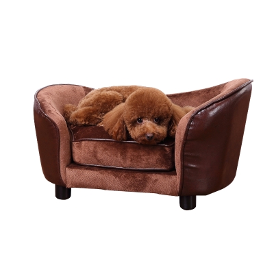 PawHut Dogs Wooden Flannelette Upholstered Indoor Sofa Bed w/ Cushion Brown
