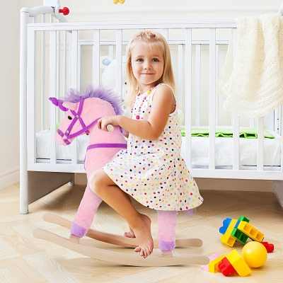 HOMCOM Rocking Unicorn Horse Wood Base Neigh Button Plush Safe Seat Handlebar