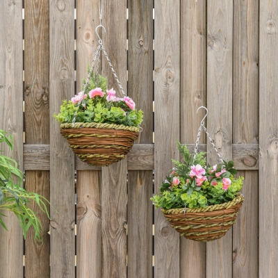 Outsunny Pack of 2 Artificial Lisianthus Flowers Hanging Planter with Basket for Indoor Outdoor Decoration