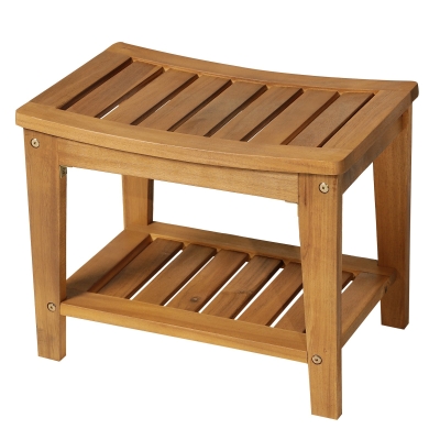 HOMCOM Acacia Wood Shower Stool W/Shelf, 53Lx35Wx43Hcm-Teak Colour