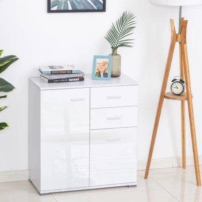 HOMCOM Modern High Gloss Sideboard Storage Cabinet Table Chest of Drawers for Bedroom Living Room Storage Furniture, White