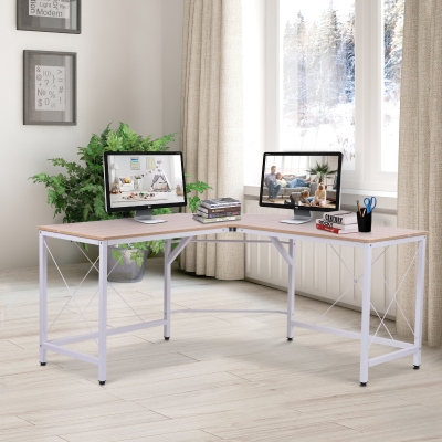 HOMCOM L-Shaped Corner Desk Computer Desk Table For Home Office Workstation w/Steel Frame Oak