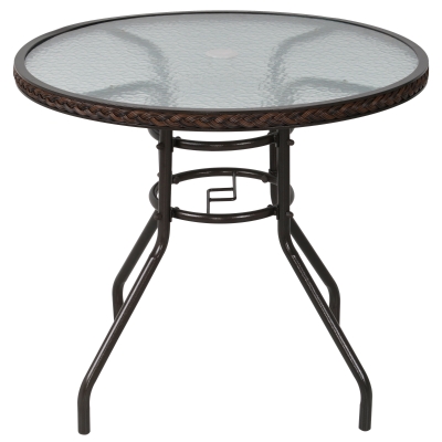 Outsunny Patio Rattan Round Table All Weather Dining Table w/ Umbrella Hole & Glass